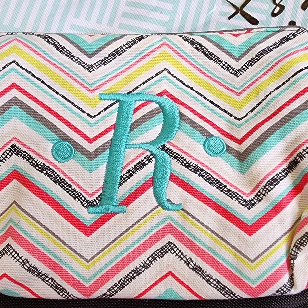 Thirty-One Pink and Blue Cosmetic Bag with Chevron Design